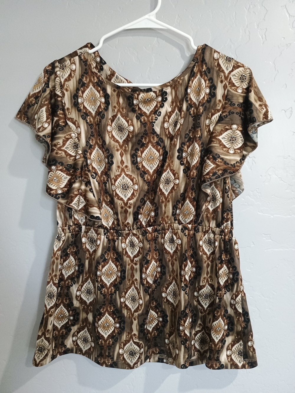 Brown Patterned Flutter Sleeve Women's Top